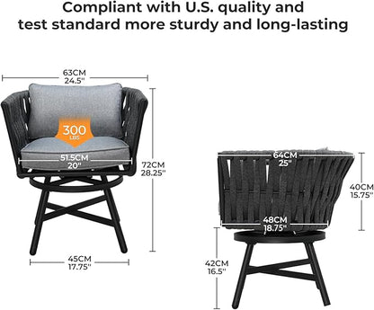 Grand patio 5-Piece Outdoor Dining Set for 4, Patio Dining Furniture Set for 4 Swivel Rope Wicker Chairs & 1 Square Dining Faux Woodgrain Table with Umbrella Hole, Dark Gray