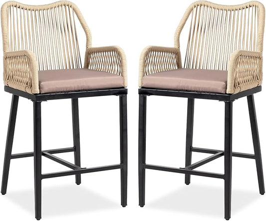 VINGLI Outdoor Counter Height Bar Stools Set of 2, Rattan Outdoor Barstools Boho Woven Patio Bar Stools with Backrest, Aluminum Frame Patio Garden Balcony Pool Bar Chairs (2 PCS)