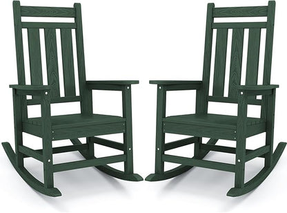 KINGYES Oversized Outdoor Rocking Chair Set of 2, All-Weather Patio Rocking Chairs for Porch, HDPE Outdoor Patio Rockers with High Back & Wide Seat for Garden, Lawn, Green