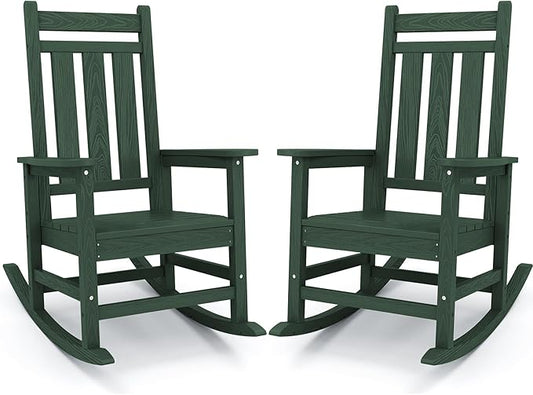 KINGYES Oversized Outdoor Rocking Chair Set of 2, All-Weather Patio Rocking Chairs for Porch, HDPE Outdoor Patio Rockers with High Back & Wide Seat for Garden, Lawn, Green