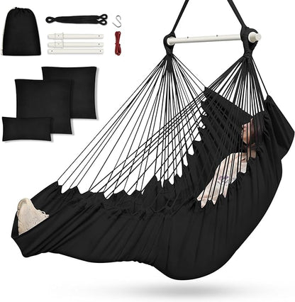 Outerman Hammock Chair, Hanging Chair with 3 Cushions and Foot Rest Support, Sturdy Metal Spreader Bar Max 500Lbs, Swing Chair for Bedroom, Indoor & Outdoor, Patio, Porch or Tree（Black）…