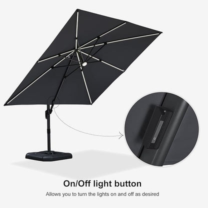 PURPLE LEAF 10 Feet Patio Umbrella Outdoor Cantilever Solar Powered LED Square Umbrella Aluminum Offset Umbrella with 360-degree Rotation for Garden Deck Pool Patio Light Grey