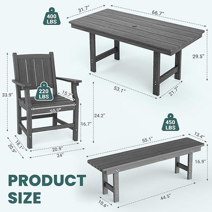 Pamapic 6 PCS Outdoor Dining Set, Spacious HDPE Outdoor Table with 4 Chairs and 1 Bench, Wood Grain Patio Furniture Sets with Elegant Armrest, All-Weather Patio Dining Table with Umbrella Hole, Gray