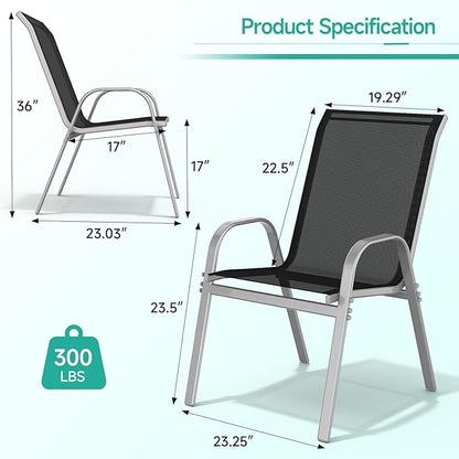 Patio Chairs Set of 4, Easily Set Up Stackable Outdoor Dining Chairs with High Back and Wide Seat, All Weather Breathable Outdoor Chairs Set of 4 with Metal Frame for Backyard Deck Pool, Black