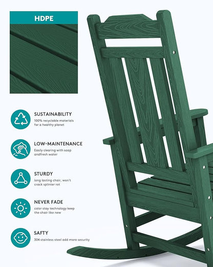 SERWALL Outdoor Rocking Chair Set of 4, Patio Rocking Chairs Set, HDPE Rocking Chair Outdoor for Adults, Heavy Duty Front Porch Rocker, Green