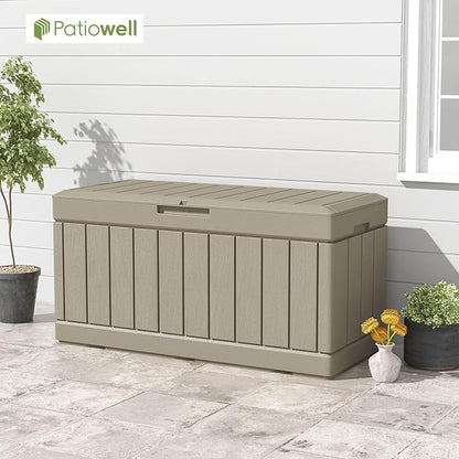Patiowell 82 Gallon Resin Deck Box, Waterproof Large Wood Look Storage Box for Patio Furniture, Pool Accessories, Garden Tools and Sports Equipment, Lockable, Light Brown