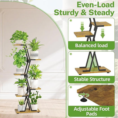 iDavosic.ly 5 Tier Indoor Plant Stand, Corner Tall Metal & Wood Flower Shelf, Orchid Display Rack for Living Room Balcony Patio Porch, Space Saving & Multifunctional Display, Black & Brown
