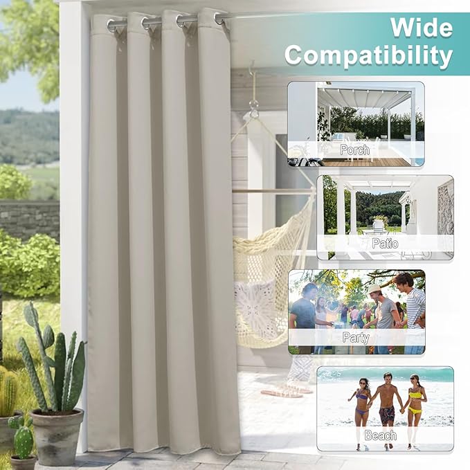NICETOWN Outdoor Curtain for Patio Waterproof Extra Wide 100 in, Sun Blocking Vertical Blinds Thermal Insulated Stainless Grommet for Front Porch/Gazebo/Pergola, Natural, 1 Piece, 84 in L
