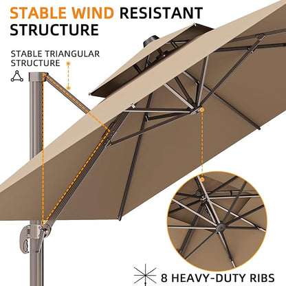 9' X 12' Patio Umbrellas Double Top Large Rectangle Umbrella Heavy Duty 360°Rotation Offset Cantilever Outdoor Umbrella for Garden Deck Pool Patio,Brown