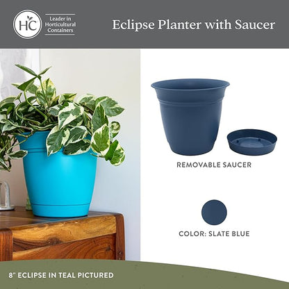 The HC Companies 8 Inch Eclipse Round Planter Pots with Drainage Holes & Attached Saucer, Lightweight UV-Resistant Plastic Indoor & Outdoor Planters, 4-Pack Flower Pots, Garden Home Decor, Slate Blue