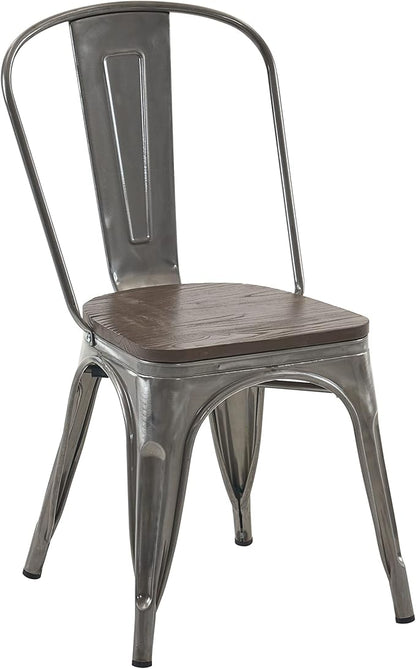 Nazhura Metal Dining Chair Farmhouse Tolix Style for Kitchen Dining Room Patio, 18 Inch, Stackable, Waterproof Indoor/Outdoor (Sets of 4) (Brushed Metal with Wood Padding)