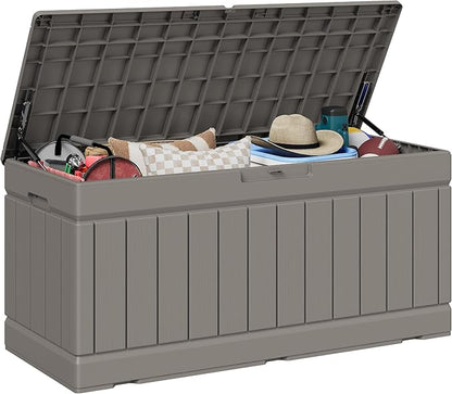 JUMMICO 78 Gallon Outdoor Deck Box Large Resin Storage Box for Patio Furniture Cushions and Garden Tools (Light Brown)