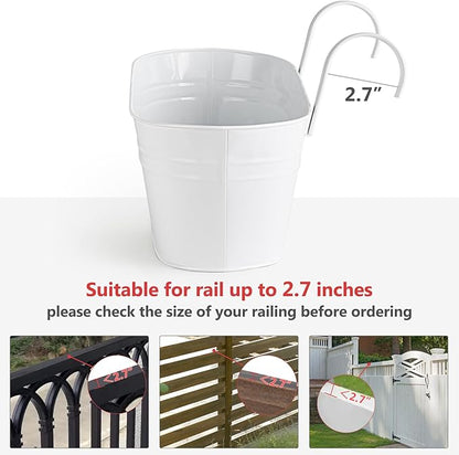 Dahey 5 Pcs Metal Iron Hanging Flower Pots for Railing Fence 15.7 Inch Hanging Bucket Pots Countryside Style Window Flower Plant Holder with Detachable Hooks for Garden Yard Home Decor, White