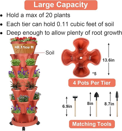 GameXcel Vertical Planter 7 Tier Stackable Planters Garden Planters Strawberry Herb Flower and Vegetable Planter Indoor Outdoor Gardening Pots with Removable Wheels and Tools - Red