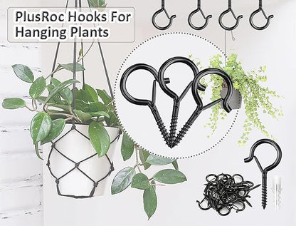 PlusRoc 20 Pack Ceiling Hooks for Hanging Plants Outdoor String Lights Heavy Duty, 2.2 Inch Eye Hook Screw in Cup Hooks Q-Hanger for Patio Lights, Wall Wood Fence Deck Mount(Black)