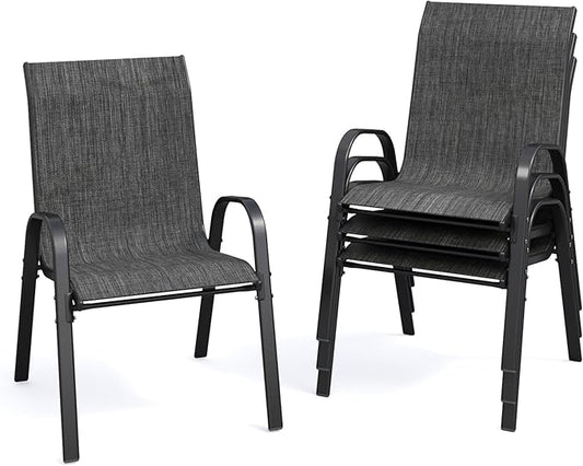 Patio Dining Chairs Set of 4, Stackable Dining Chairs High Back, Breathable Seat Fabric and Alloy Steel Frame Fit Backyard, Porch, Lawn，Poolside (Dark Grey)