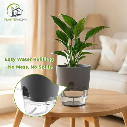 5 Pack Self Watering Pots for Indoor Plants, PlanterHoma 4 Inch Plant Pot Plastic Self Watering Planter for Orchid, African Violet, Small Clear Flower Pots with Drainage Holes and Wicking Rope, Grey