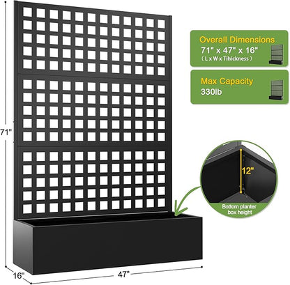 FENCY Metal Raised Garden Bed with Trellis, Metal Planter Box with Trellis, Garden Box for Climbing Plants Vegetable, 47''Lx16''Wx71''H Garden Bed with Drainage Holes(Black)