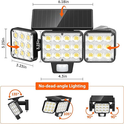 WdtPro Solar Lights Outdoor Flood Light 3 Pack, 3500LM Bright Motion Sensor Outdoor Lights, 3 Heads & Upgrade Glass Panel, LED Solar Powered Security Light Spotlights Waterproof for Outside Yard