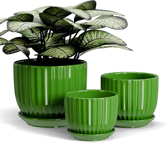 Ton Sin Ceramic Plant Pots,4"+5"+6" Inch,Green Flower Pots with Drainage Holes and Tray,Indoor Planters for Plants Pots,Home Office Decoration GIF for Plants,Succulent Pot Set of 3