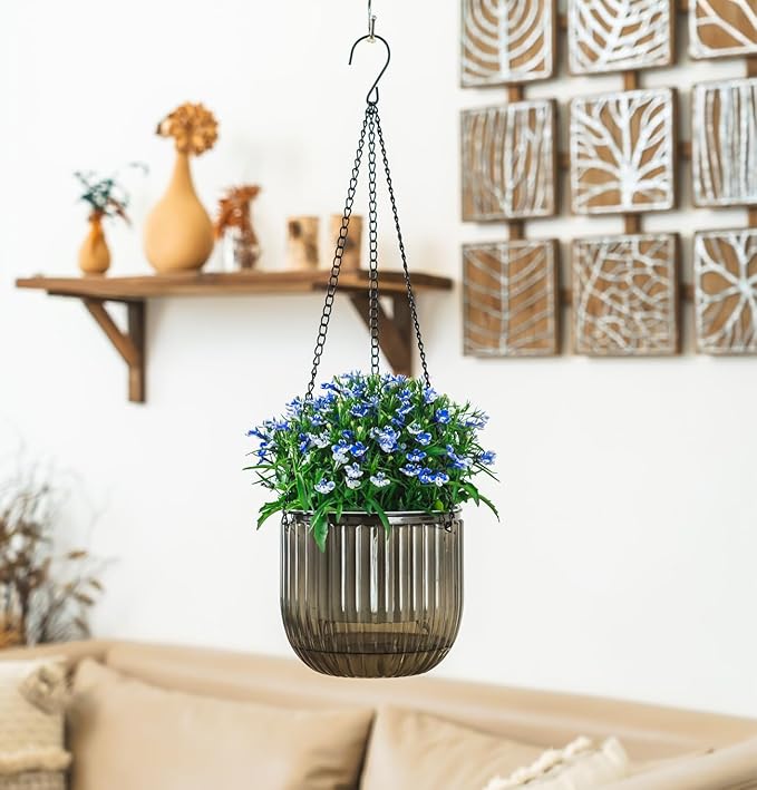 Melphoe 2 Pack Self Watering Hanging Planters Indoor Flower Pots, 6.5 Inch Outdoor Hanging Plant Pot Basket, Plant Hanger with 3Hooks Drainage Holes for Garden Home (Gray + White)