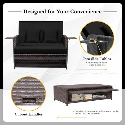 Tangkula Patio Rattan Daybed with 4-Level Adjustable Backrest, Outdoor PE Wicker Loveseat with Storage Ottoman & Folding Side Tray, Double Sunbed Lounger for Balcony, Backyard & Poolside, Black