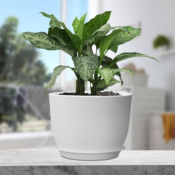 12 inch Large Plant Pots, Plastic Planters with Drainage Holes and Saucers, Flower Pots for Indoor Outdoor Plants, Modern Decorative Pots for Garden House Plants, White