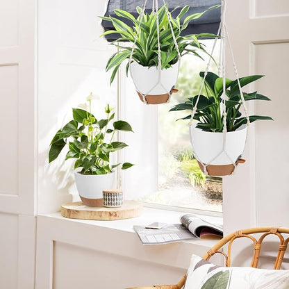 41.5 Inch Macrame Plant Hanger Indoor Outdoor with 12 Inch Flower Pot, Hanging Planter for Plants Holder with Wood Beads for Boho Home Decor (Ivory+White)