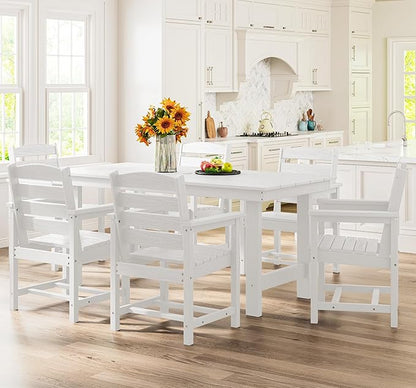 SERWALL 7-Piece Patio Dining Table Sets, Outdoor HDPE Dining Furniture Set with Umbrella Hole Cut-Out Table and 6 Chairs, White