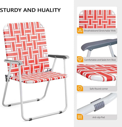 VINGLI Patio Lawn Webbed Folding Chairs Outdoor Beach Portable Camping Chair for Yard, Garden (2, Red, Oversized)