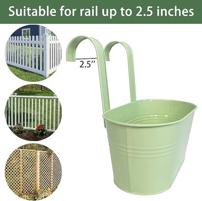 Balcony Hanging Planters Flower Pots, 10" Metal Flower Pots for Outdoor Balcony Rails, Fence Pot Hanging Plant Holders with Detachable Hooks for Garden Patio Yard Decor (Mint Green, 8Pcs)