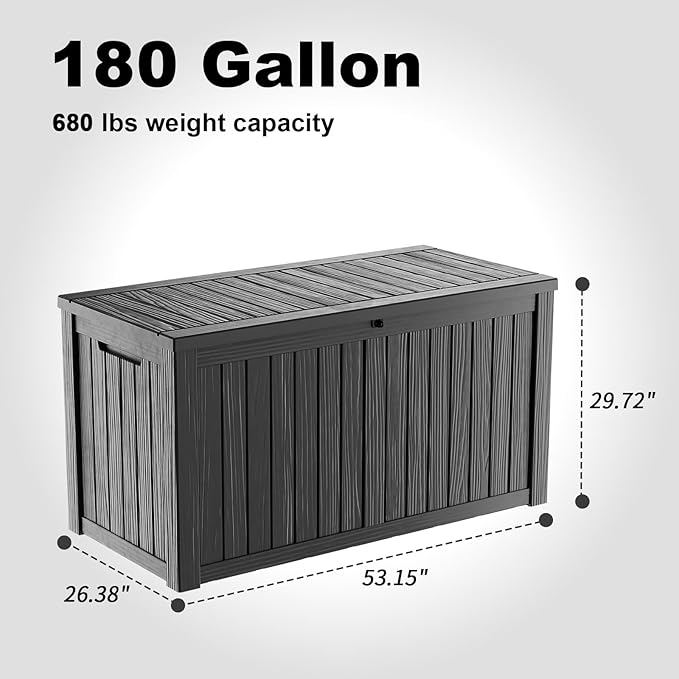180 Gallon Resin Deck Box, Lockable Patio Outdoor Storage Box for Furniture, Garden Tools and Tools Storage, Waterproof Outside Storage Boxes - Black