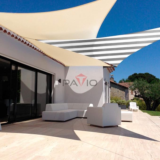 Patio Paradise 16' x 16' x 16' Sun Shade Sail Triangle Canopy Shade Cloth Fabric Sunlight Block Patio Pergola Cover HDPE Deck Awning for Outdoor Backyard Roof Shading, Gray White Strip