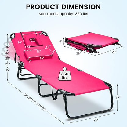 GYMAX Tanning Chair, 350lbs Beach Lounge Chair with Face Hole, Detachable Washable Pillow & Carry Strap, Adjustable Folding Chaise Lounge, Layout Chair for Outside, Patio, Poolside, Lawn (2, Pink)