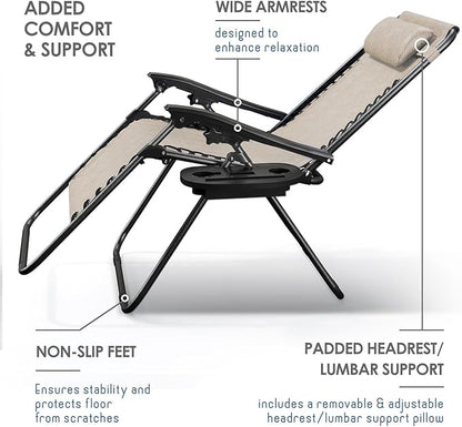 Nestl Zero Gravity Chairs, Portable Patio Lounge Chair Outdoor with Pillows & Cup Holder Trays, Adjustable Steel Mesh Reclining Camping Chair, Folding Patio Lawn Chair for Deck, Beach, Yard - Beige