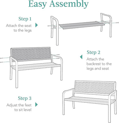 Best Choice Products Outdoor Bench 2-Person Metal Steel Benches Furniture for Garden, Patio, Porch, Entryway w/Geometric Backrest, 790lb Capacity - Light Gray