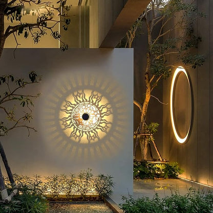 4 Pack Solar Fence Lights Metal Solar Powered Outdoor Wall Deck Lights Sun Moon Theme Waterproof Fence Light for Garden Post Patio Backyard Yard Decor (Face, 4 Pack)