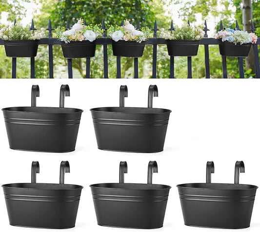 Dahey 10.5 Inch Metal Iron Hanging Flower Pots for Railing Fence Hanging Bucket Pots Countryside Style Window Flower Plant Holder with Detachable Hooks Home Decor,Black,5 Pcs
