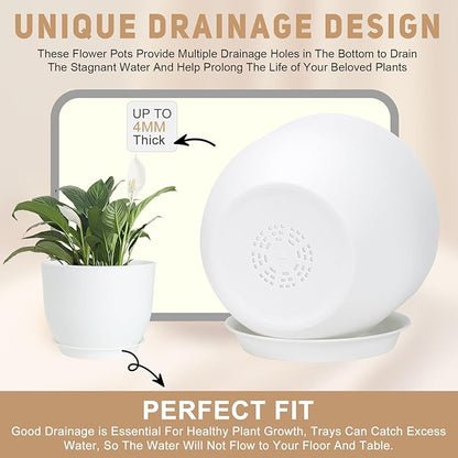 Plant Pots 10/9/8/7.5/7 inch Flower Pots with Multi Mesh Drainage Holes, Planters for Indoor Outdoor Garden Plants and Flowers. (White)