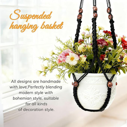 35 Inch Macrame Plant Hanger, Large for up to 15 Inch Pot Extra Long Hanging Planter Holder Basket with Wood Beads for Indoor Outdoor Home Decor (Black, 1-Pack)