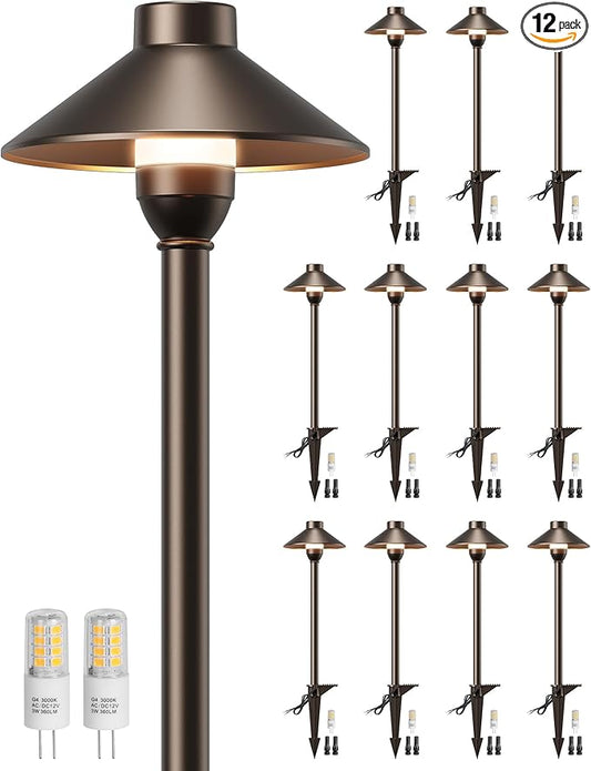 PARTPHONER Low Voltage Landscape Lighting 12-Pack, Aluminum 12V Pathway Lights with G4 Bulbs, Waterproof Oil Rubbed Bronze Color Wired Path Lights with Connectors for Walkway Yard Garden