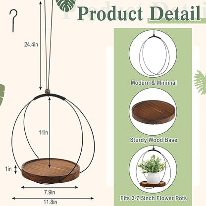 1 Pack Hanging Planters for Indoor Black Plant Hanger with Round Wood Base Large Indoor Hanging Plant Shelf Boho Holder Gift for Mom,housewarming (Round)