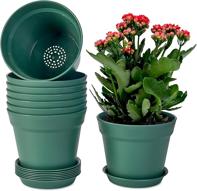 homenote Plant Pots,7.5 Inch Flower Pots for Plants Plastic Planters for Indoor with Multiple Drainage Holes and Trays, for All Home Garden Flowers Succulents,Outdoor(Green,8 Pack)