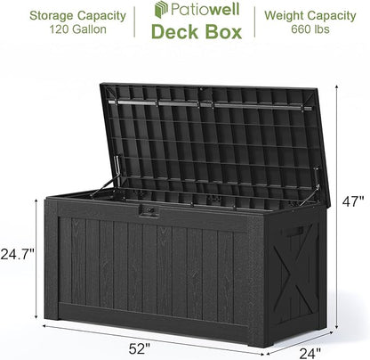 Patiowell 120 Gallon Large Deck Box, Outdoor Lockable Storage Box for Gardening Tools, Waterproof Deck Box for Patio Furniture, Black