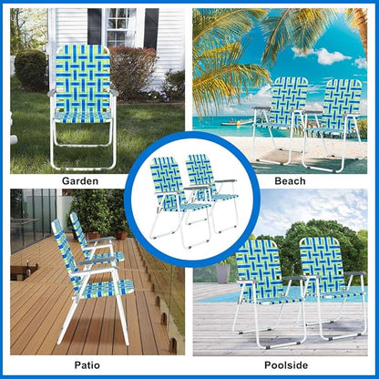 VINGLI Patio Lawn Webbed Folding Chairs Set of 4, Outdoor Beach Chair Portable Dining Chair for ir for Outdoor Yard, Garden(Blue, Classic)