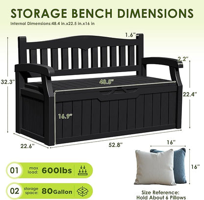Greesum 80 Gallon Outdoor Storage Bench, Resin Patio Furniture with Armrest,Waterproof and UV-Resistant, Perfect to Garden, Poolside and Lawn, Black