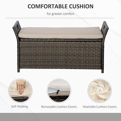 Outsunny 29 Gallon Patio Wicker Storage Bench, Outdoor PE Rattan Patio Furniture, 2-in-1 Large Capacity Rectangle Garden Storage Box with Handles and Cushion, Cream White