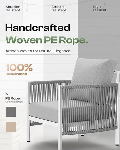 Aluminum Outdoor Patio Couch Loveseat, HDPE Rope Patio Sofa with Washable Thick Cushion, All-Weather Patio Furniture for Balcony, Yard, Silver Frame, Silver