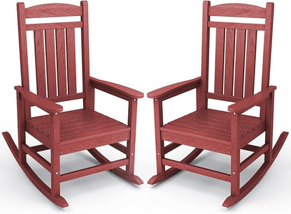 KINGYES Outdoor Rocking Chair Set of 2, High Density Polyethylene Patio Rocking Chairs with 330lbs Support for Adults, Dark Red