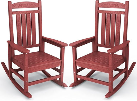 KINGYES Outdoor Rocking Chair Set of 2, High Density Polyethylene Patio Rocking Chairs with 330lbs Support for Adults, Dark Red